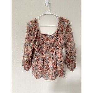 American Eagle Pink Floral Ruched Bodice Puff Sleeve Blouse Size M Coquettegirl